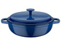 Une cocotte en fonte bleue avec couvercle.