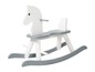Cheval à bascule en bois blanc avec base grise.