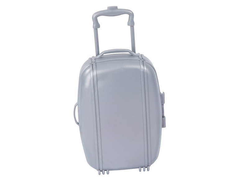 Une valise grise à roulettes.