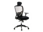 Chaise de bureau noire avec dossier en mesh et accoudoirs.