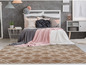 Un tapis beige avec un motif géométrique blanc dans une chambre à coucher.