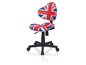 Une chaise de bureau noire avec un imprimé Union Jack.