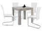 Une table à manger avec quatre chaises blanches et un plateau gris.