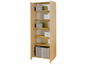 Une armoire en bois avec des portes ouvertes, remplie de dossiers et de boîtes.