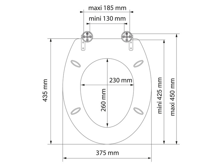 Dimensions d'un abattant de toilette avec une largeur de 375 mm et une hauteur de 435 mm.