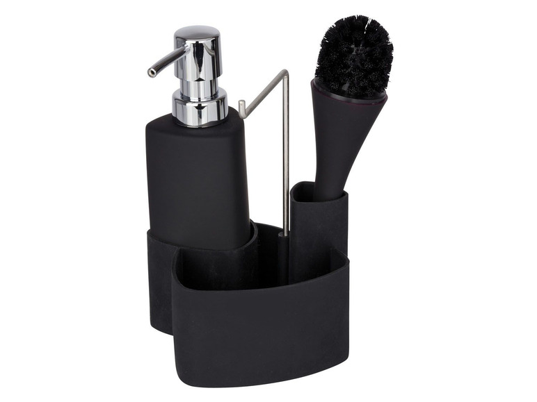 Distributeur de savon et brosse noirs avec support en acier.