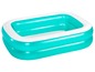 Une piscine gonflable turquoise avec un bord blanc.