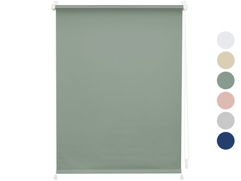 Un store enrouleur vert avec une chaîne blanche.