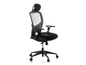 Chaise de bureau noire avec dossier en mesh et accoudoirs.