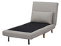 Un canapé-lit gris avec un coussin et des pieds en bois.