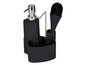 Distributeur de savon et brosse noirs avec support en acier.