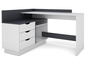 Un bureau d'angle blanc avec trois tiroirs et une étagère ouverte.