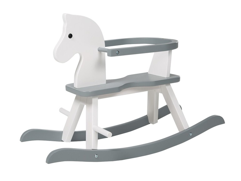 Un cheval à bascule en bois blanc avec des détails gris.
