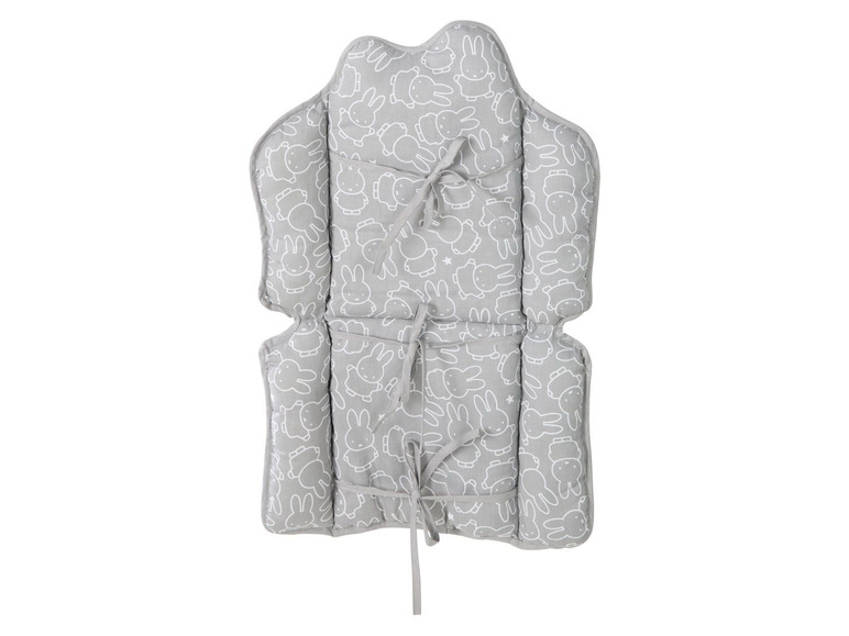 Un rehausseur de chaise gris avec Miffy et des lacets.