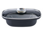 Une casserole noire avec un couvercle en verre, un panier vapeur et un insert supplémentaire.