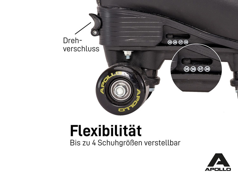 Patins à roulettes noirs Apollo à taille réglable, adaptés à 4 tailles de chaussures.