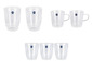 Six verres en verre, dont deux avec une anse, de la marque Leonardo.