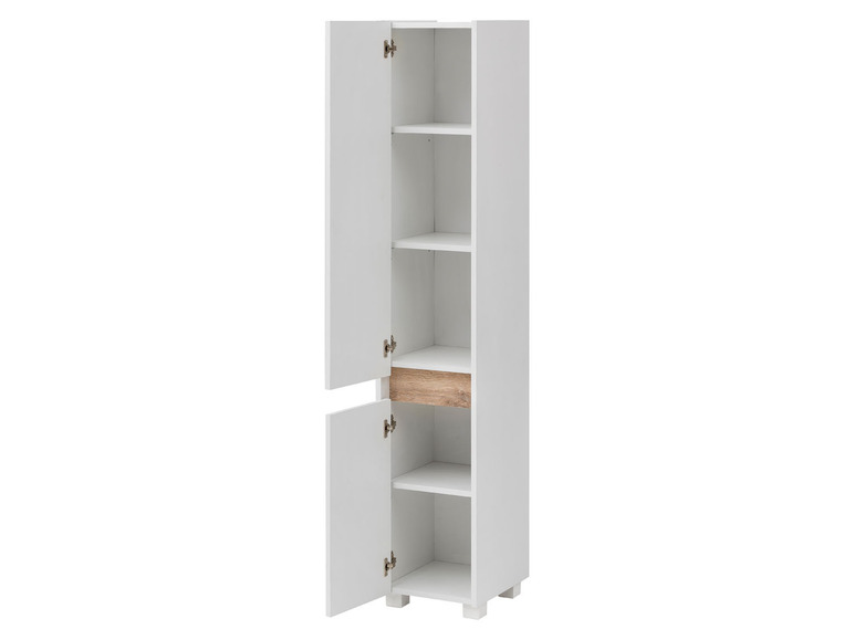 Armoire blanche avec des étagères ouvertes et des portes