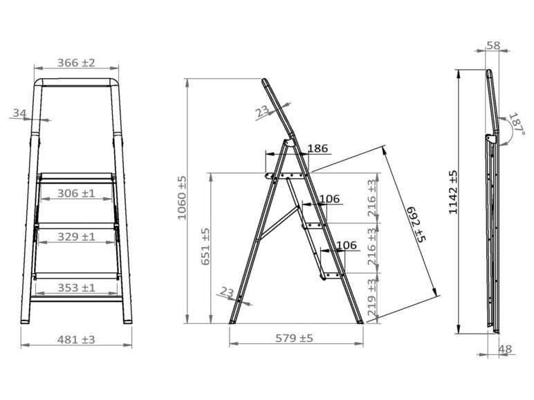 Dessin technique d'une échelle pliante à trois marches.