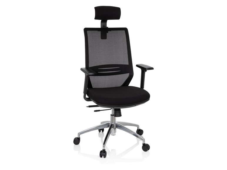 Chaise de bureau noire avec dossier en maille et appui-tête.