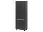 Une armoire gris foncé avec deux portes et un accent en bois.