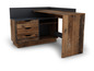 Un bureau d'angle en bois avec trois tiroirs et une étagère ouverte.