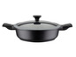 Une casserole noire avec un couvercle, idéale pour cuisiner.