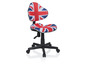 Une chaise de bureau noire avec un motif Union Jack rouge, blanc et bleu.