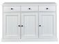 Buffet blanc avec trois tiroirs et trois portes.