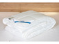 Une couette blanche BeCo pliée sur un lit.