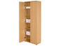 Une armoire en bois avec deux portes et des étagères, contenant quelques boîtes.