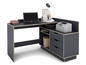 Un bureau bleu foncé avec un ordinateur portable Dell, une imprimante HP et des tiroirs.