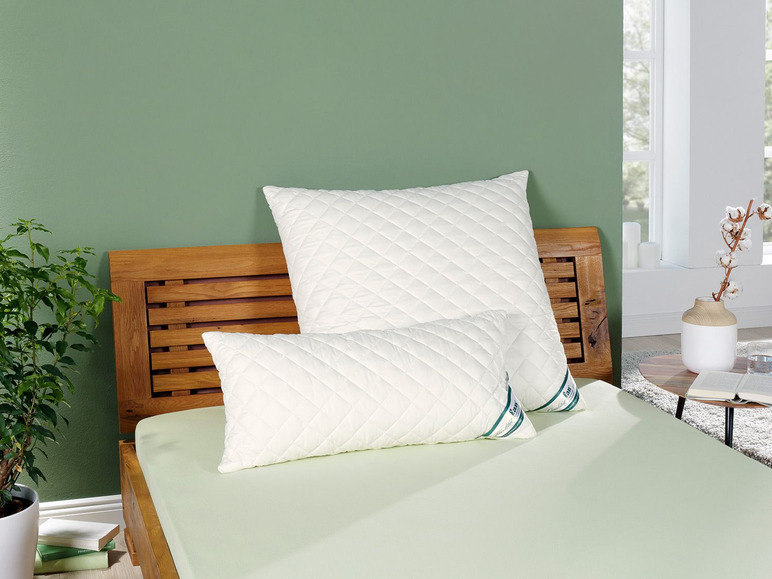 Deux oreillers blancs sur un lit en bois avec un fond vert.