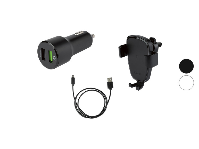 Un chargeur de voiture avec deux ports USB et un support de téléphone sans fil pour voiture.