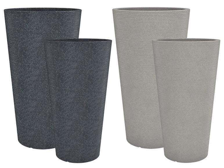 Deux ensembles de pots ronds, gris et noirs texturés.