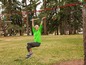 Une fille accrochée à une slackline avec des obstacles en bois et des anneaux.