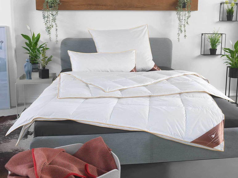 Une couette blanche avec une bordure dorée, sur un lit avec des oreillers