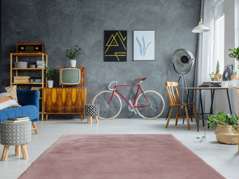 Un téléviseur vintage, un vélo rouge et un tapis rose dans un intérieur moderne.
