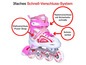 Patins à roulettes blancs avec des détails roses, avec fermeture à scratch, boucle et lacets.