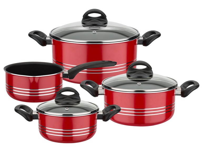 Un ensemble de casseroles rouges avec des couvercles en verre.