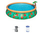 Piscine gonflable Bestway avec un palmier, une pompe de filtration et une cartouche de filtre.
