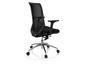 Un fauteuil de bureau noir avec un dossier en maille et des accoudoirs.