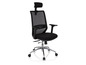 Un fauteuil de bureau noir avec un dossier en maille et un appui-tête.