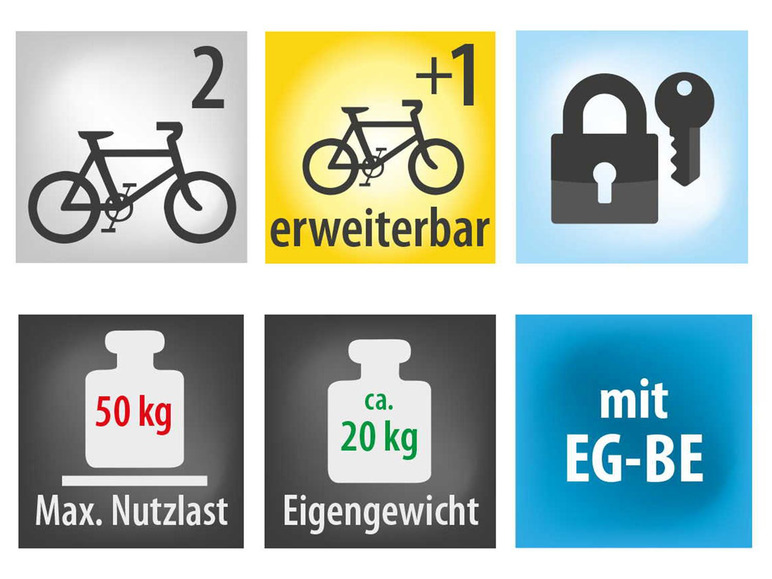 Un porte-vélos pour 2 vélos, extensible avec 1 vélo, avec cadenas et clé, avec une charge maximale de 50 kg et un poids propre d'environ 20 kg.