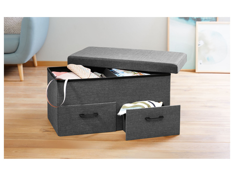 Banc de rangement gris avec deux tiroirs et un siège.