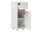 Armoire blanche avec tiroir, porte, étagères ouvertes et accents en bois.
