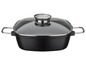 Une casserole noire avec un couvercle en verre.