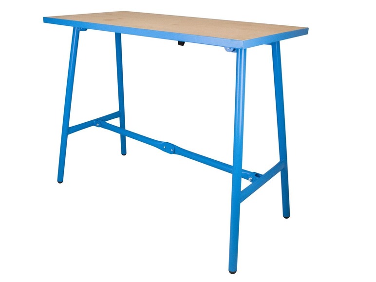 Une table en bois bleue avec des pieds en métal.