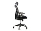 Chaise de bureau noire avec un haut dossier et des roulettes.