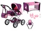 Une poussette pour poupée, un berceau, un porte-bébé et des accessoires pour poupées.